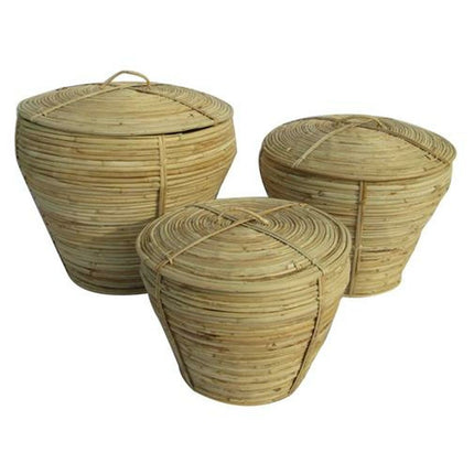 Basket set With lid Natural Rattan Tropical (3 Pieces) (35 x 35 x 30 cm) - seggiliving
