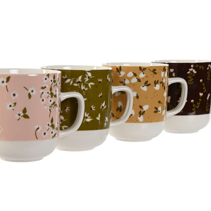 Mug DKD Home Decor Brown Green Pink Mustard Porcelain 380 ml (4 Units)