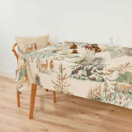 Stain-proof resined tablecloth Belum Christmas Deer Brown Red Green Linen 150 x 150 cm