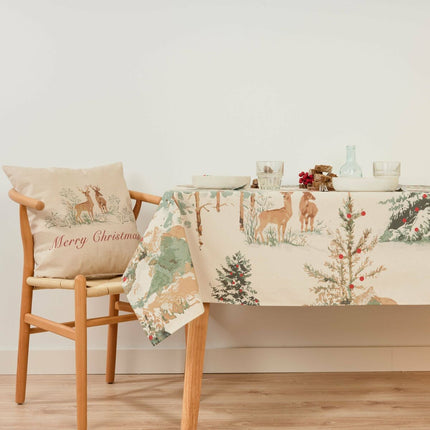 Stain-proof resined tablecloth Belum Christmas Deer Brown Red Green Linen 250 x 150 cm