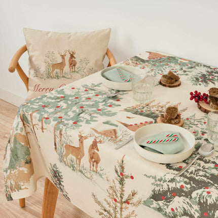 Stain-proof resined tablecloth Belum Christmas Deer Brown Red Green Linen 250 x 150 cm